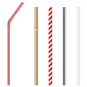 modern reusable glass, steel, paper and bamboo drinking straws as alternative replacement for classic disposable plastic drinking straw, isolated objects on white background, stock vector illustration