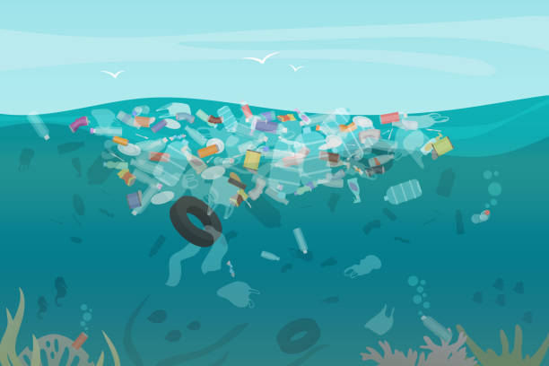 Plastic pollution trash underwater sea with different kinds of garbage - plastic bottles, bags, wastes floating in water. Sea ocean water pollution concept vector illustration. Plastic pollution trash underwater sea with different kinds of garbage - plastic bottles, bags, wastes floating in water. Sea ocean water pollution concept vector illustration water pollution stock illustrations