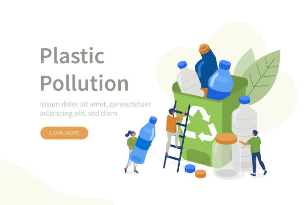 plastic pollution People Characters collecting Plastic Trash into Recycling Garbage Bin. Woman and Man taking out the Garbage. Plastic Pollution Problem Concept. Flat Isometric Vector Illustration. plastic stock illustrations