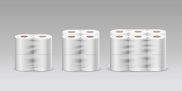 Plastic roll tissue paper three product, four rolls, eight rolls, twelve rolls, collection on gray background