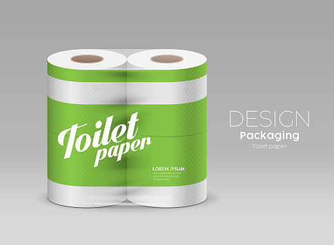 Plastic roll toilet paper packaging green design on gray background