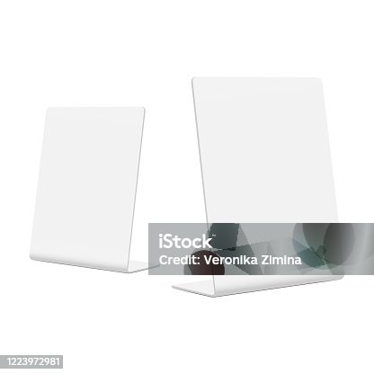 istock Plastic table tent mockup isolated on white background, side view 1223972981
