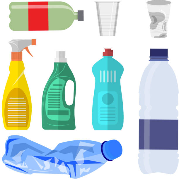 Plastic waste collection on white. Plastic waste icon collection on white. Plastic bottles and another garbage, non-recyclable trash. Vector illustration in flat style plastic stock illustrations