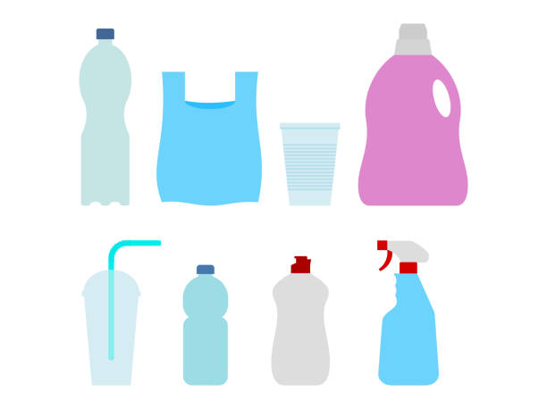 Plastic waste suitable for recycling. Set of different plastic items. Plastic bottle, bag, cup, glass, packaging. Isolated on white background. Vector illustration, flat style. Plastic objects that can be recycled disposable stock illustrations
