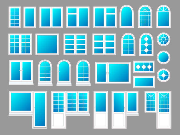 kunststoff-fenster mit türen, vektor-illustration-set - dachfenster stock-grafiken, -clipart, -cartoons und -symbole