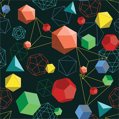 Platonic solids shapes and lines abstract 3d geometrical seamless pattern.