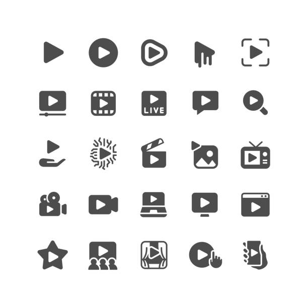 stockillustraties, clipart, cartoons en iconen met platte pictogrammen voor afspeelknop - film kijken icoon