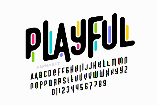 Playful colorful font design, childish alphabet letters and numbers