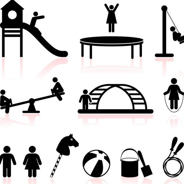 illustrazioni stock, clip art, cartoni animati e icone di tendenza di parco giochi di bianco e nero set icone vettoriali royalty-free - trampolino