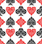 Retro decorative seamless pattern background with playing card suit symbols isolated on white. Vector illustration