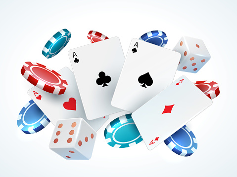 Playing cards chips dice. Casino poker gambling realistic 3D falling cards and chips isolated on white. Vector poker cards