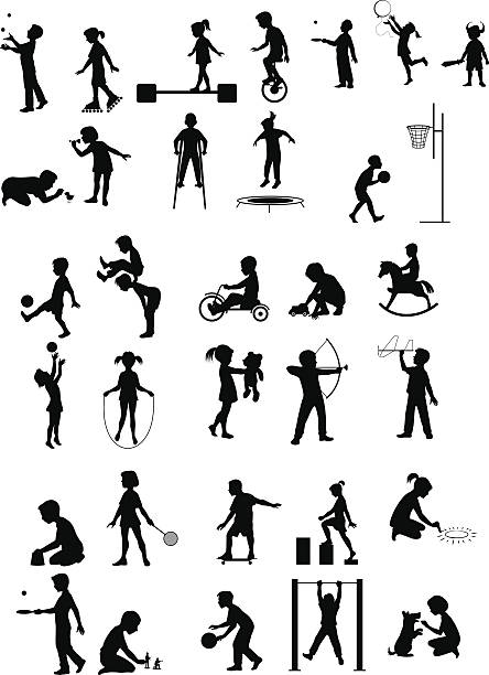 Playing children silhouettes set Vector illustration of a playing children silhouettes set gymnastic silhouette stock illustrations