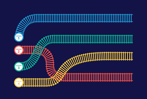 Playing field for game with tangled railway tracks, flat vector illustration.