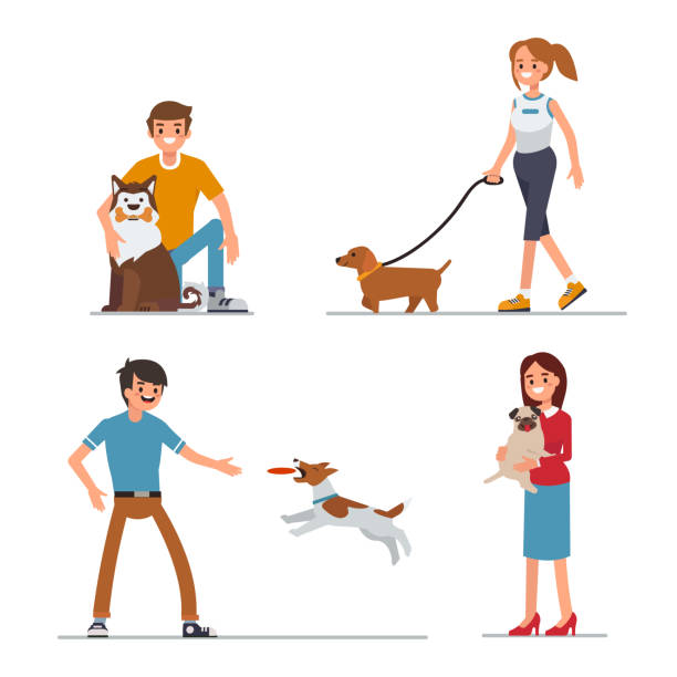 stockillustraties, clipart, cartoons en iconen met spelen met de hond - hugging outside