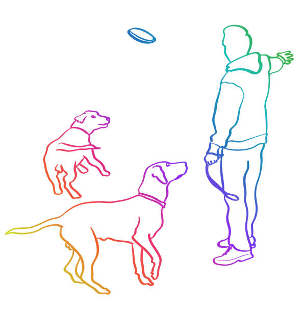 Playing With My Dogs Rainbow Man throwing a frizbee at his two dogs  vector illustration frisbee clipart stock illustrations