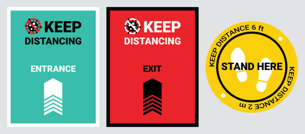 Please keep safe distance sign to help reduce the spread of covid-19 coronavirus concept. Respect physical distancing 6 feet or 2 meters floor sticker for entrance, exit, stand in the stores or supermarkets Please keep safe distance sign to help reduce the spread of covid-19 coronavirus concept. Respect physical distancing 6 feet or 2 meters floor sticker for entrance, exit, stand in the stores or supermarkets. entrance sign stock illustrations