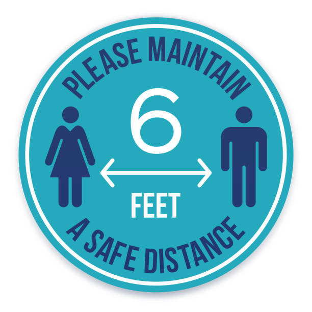 Please Maintain a Safe Distance Social Distancing Message Please practice social distancing and maintain a safe physical distance reminder message circle symbol. feet unit of measurement stock illustrations