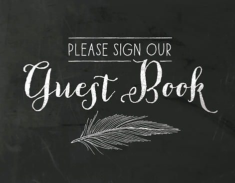 Please Sign Our Guest Book. Vintage wedding chalkboard sign with a hand drawn feather illustration.
