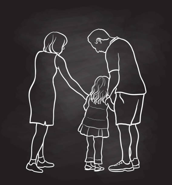 PleaseDon'tGoDad Separation or divorce illustration showing a little girl struggling to leave her dad. divorce drawings stock illustrations