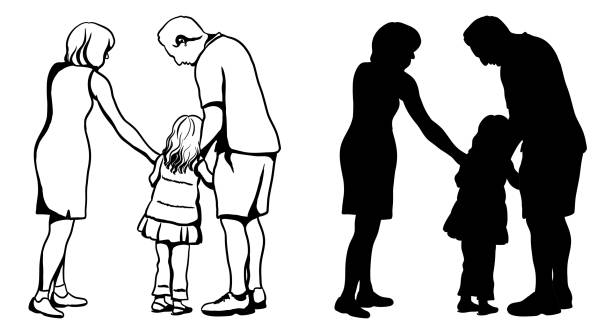 PleaseDon'tGoDad Separation or divorce illustration showing a little girl struggling to leave her dad. divorce silhouettes stock illustrations