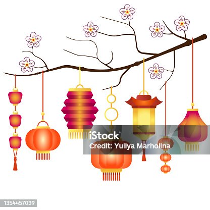istock A plum blossom branch with red paper Chinese lanterns hanging on it. Vector illustration. 1354457039