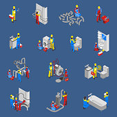 Colored and isolated plumber isometric people icon set with at the workplace in uniform vector illustration