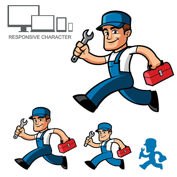 Plumber Plumber, he is running and carries a spanner in his hand mechanic clipart stock illustrations