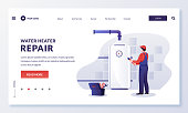 Plumber worker repairs or install water heater or boiler. Handyman makes house repair works. Vector flat cartoon character illustration. Home repair, maintenance and plumbing services concept