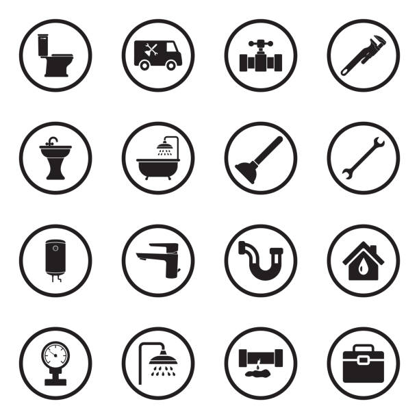 sanitär-icons. schwarze flache design im kreis. vektor-illustration. - badezimmer stock-grafiken, -clipart, -cartoons und -symbole