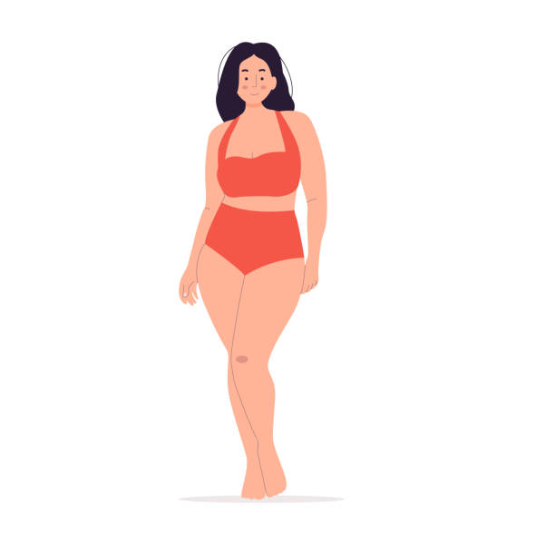 A plump woman is standing in a swimsuit. Posing. Vector flat graphics. A plump woman is standing in a swimsuit. Posing. Vector flat graphics. cartoon of fat lady in swimsuit stock illustrations
