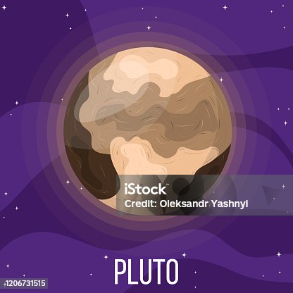 istock Pluto planet in space. Colorful universe with Pluto. Cartoon style vector illustration for any design. 1206731515