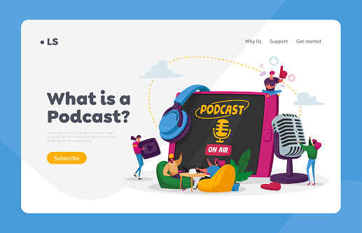 Podcast, Audio Program Online Broadcasting Landing Page Template. Tiny Male, Female Characters with Microphone and Headset at Huge Tablet, Livestream Entertainment. Cartoon People Vector Illustration