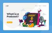istock Podcast, Audio Program Online Broadcasting Landing Page Template. Tiny Male, Female Characters with Microphone, Headset 1278695318