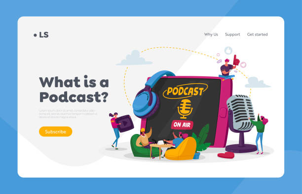 Podcast, Audio Program Online Broadcasting Landing Page Template. Tiny Male, Female Characters with Microphone, Headset Podcast, Audio Program Online Broadcasting Landing Page Template. Tiny Male, Female Characters with Microphone and Headset at Huge Tablet, Livestream Entertainment. Cartoon People Vector Illustration radio illustrations stock illustrations
