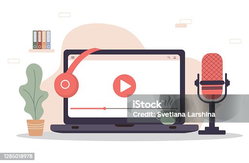 istock Podcast concept. Equipment for blogging, webcasting and broadcasting. Radio host workplace. 1285018978
