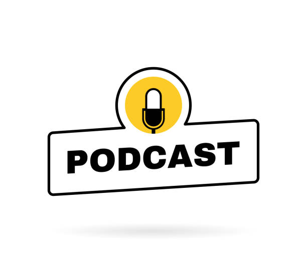 podcast geometrische abzeichen mit mikrofon emblem. logo-design. vektor-illustration - podcast stock-grafiken, -clipart, -cartoons und -symbole