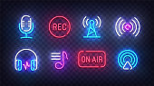 istock Podcast icon neon. Podcast light signs. Sign boards, line art light banner. Vector Illustration 1221644453
