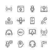 16 Podcast Outline Icons. Radio, Live Podcast, Microphone, Audio, Sound, Voice, Speaking, Entertainment, Influencer, Playing Music, Interview, Social Media, Headphones, Talk Show.
