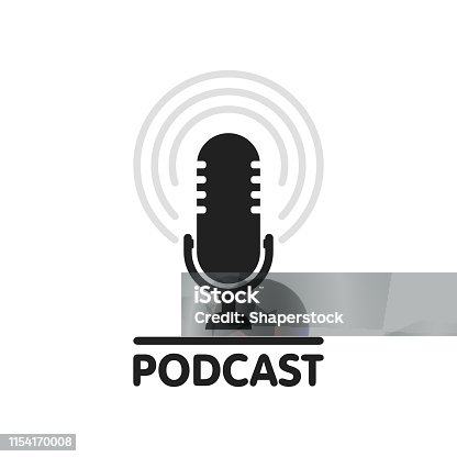 istock Podcast radio icon illustration. Studio table microphone with broadcast text podcast. Webcast audio record concept logo 1154170008
