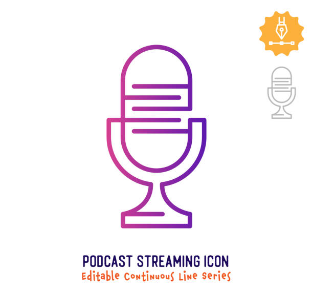 Podcast Streaming Continuous Line Editable Stroke Line Podcast streaming vector icon illustration for logo, emblem or symbol use. Part of continuous one line minimalistic drawing series. Design elements with editable gradient stroke line. radio broadcasting illustrations stock illustrations