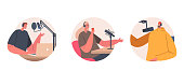 istock Podcasters Isolated Round Icons or Avatars. Characters Wear Headphones Speaking in Microphone Sitting at Desk in Studio 1389689493