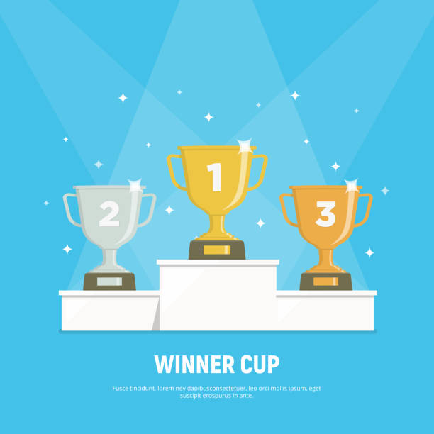 Podium winners. Gold, silver and bronze cups on podium. Vector illustration in flat style. Podium winners. Gold, silver and bronze cups on podium. Vector illustration in flat style. podium stock illustrations