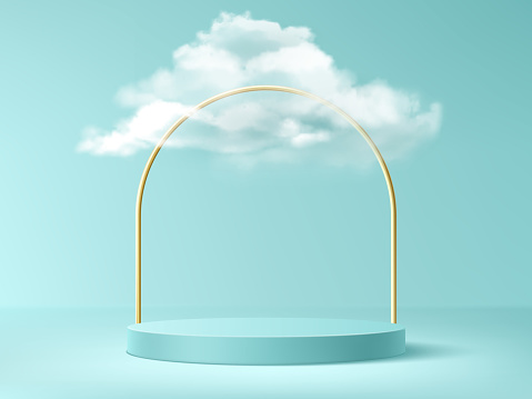 Podium with clouds and gold arch, background.