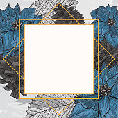 A modern Christmas or winter themed frame filled with poinsettias, pinecones and leaves on a watercolour background.