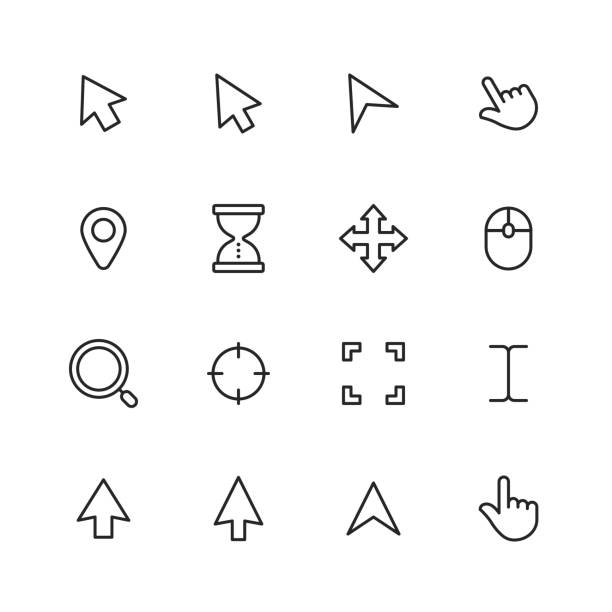 Pointer and Cursor Line Icons. Editable Stroke. Pixel Perfect. For Mobile and Web. Contains such icons as Pointer, Cursor, Touch Gesture, Selection, Computer Mouse, Arrow, Finger, Hourglass, Thumb, Mobile App, Interface Design, Touch Screen. 16 Pointer and Cursor Outline Icons. writing activity symbols stock illustrations