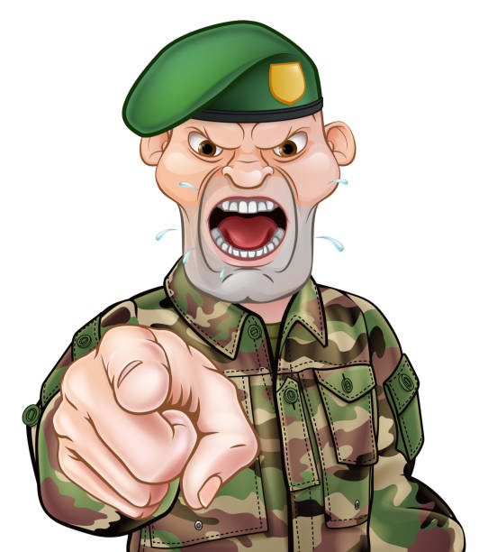stockillustraties, clipart, cartoons en iconen met pointing soldier cartoon - bootcamp