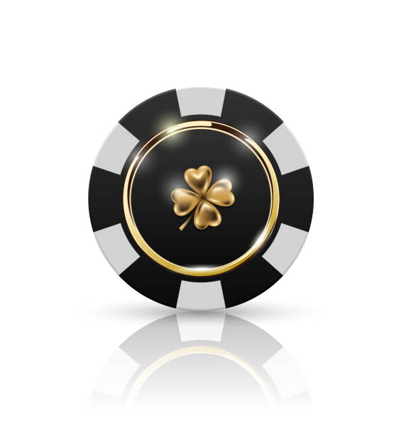 VIP poker black and white chip with golden ring and light effect vector. Black jack poker club casino four-leaf clover emblem isolated on white background with reflect. Casino chip icon gambling chip stock illustrations