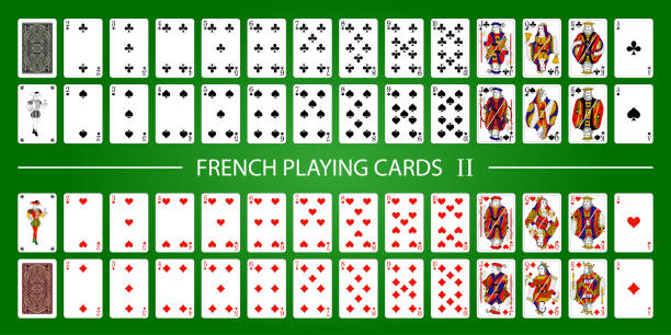 stockillustraties, clipart, cartoons en iconen met pook reeks met geïsoleerde kaarten op groene achtergrond. 52 franse speelkaarten met jokers. - aas kaarten