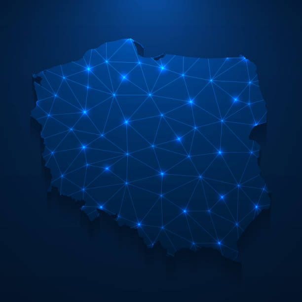 Map of Poland created with a mesh of thin bright blue lines and glowing dots, isolated on a dark blue background. Conceptual illustration of networks (communication, social, internet, ...). Vector Illustration (EPS10, well layered and grouped). Easy to edit, manipulate, resize or colorize.