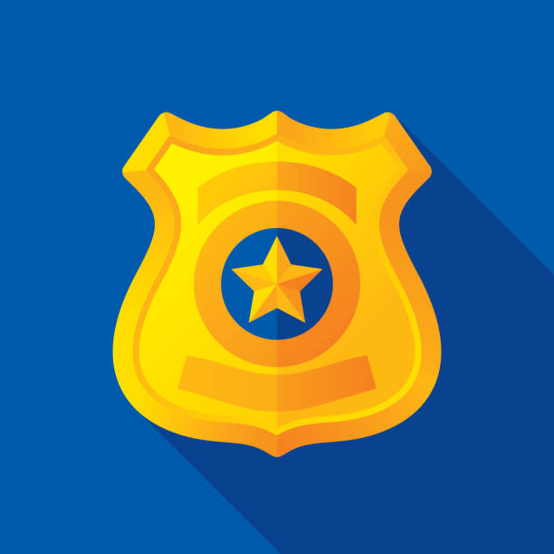 Police Badge Icon Flat Vector illustration of a gold police badge against a blue background in flat style. police badge stock illustrations